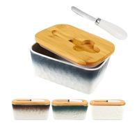 Butter Dish with Lid, 6.5" Large Butter Container for Countertop, Ceramic White Butter Keeper Container with Knife, Bamboo Cover and High-Quality Silicone Sealing for Home Decor Kitchen Gift (Blue)