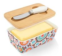 Butter Dish with Lid, Bohemian Ceramic Cheese Keeper Container with Knife and Bamboo Lid Cheese Holder 5.83"" Large Butter Dish Double Silicone Seals for Countertop(Style 1)