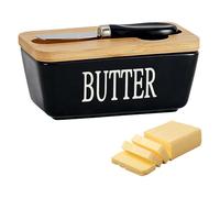 Butter Dish with Lid, Ceramic Butter Dish with Bamboo Lid & Stainless Steel Knife Airtight Butter Keeper for Counter or Fridge, Double Silicone Seal, 350 ML (Black)
