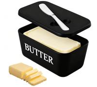 Butter Dish with Lid for Countertop & Fridge - Holds 250g Block, Food-Safe Plastic Container with Built-in Stainless Steel Knife Storage, Easy-Scoop & Dishwasher Safe (Black)