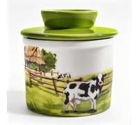 Butter Dish with Lid, French Ceramic Butter Crock Keeper with Water Line Keep Spreadable Soft Fresh Butter, Butter Container Jar Modern Farmhouse Kitchen Decor Housewarmming Gift, Cow