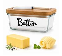 Butter Dish with Lid Glass Butter Dish with Wooden Lid and Stainless Steel Butter Knife Double Silicone Seal Large Cheese Container for Fridge Kitchen Accessories Cooking