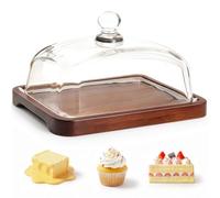 Butter Dish with Lid, Glass-Covered Butter Tray, Wooden Butter Plate | 18.3x12.8x9.5cm Thickened, Dome-Shaped Cake Cover with Top Bead, Suitable for Storing Butter, Desserts, Cakes, Pastries