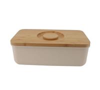 Butter Dish with Wooden Lid Large Capacity Bread Storage Box Airtight Seal Modern Kitchen Countertop Container for Bread Pastries Buns 21.5x38x13.5cm Durable Plastic and Wood (Beige)