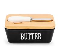 Butter Dish with Wooden Top and Knife, 350 g Butter Dish, Porcelain Butter Container with Cover, Ceramic Butter Holder for Worktop, Butter Box for Household and Kitchen