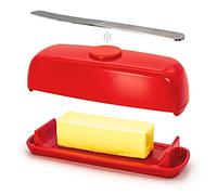 Butter Hub Butter Dish with Lid and Knife, Magnetic Butter Keeper, Easy Scoop, No Mess Lid, Plastic, Dishwasher Safe (Red)