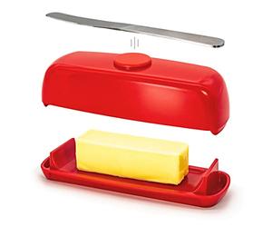 Butter Hub Butter Dish with Lid and Knife, Magnetic Butter Keeper, Easy Scoop, No Mess Lid, Plastic, Dishwasher Safe (Red)
