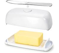 Butter Hub Extra Large Butter Dish with Lid and Knife, European Size Magnetic Butter Keeper, Easy Scoop, No Mess Lid, Plastic, Dishwasher Safe (White)