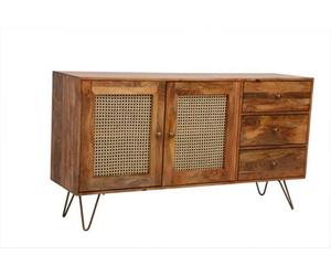 Buttercup Farm Nyack Large Sideboard - Mango Wood/iron - L40 X W145 X H80 Cm - Light Brown With Natural Rattan - Assembly Required