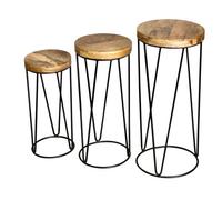 Buttercup Farm Ravi Iron Base Solid Wood Top Round Stool (Set Of 3) - L30 X W30 X H69 Cm - Mango Light Finish