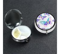 Butterflies-1 Pill Box 3 Compartment Waterproof Pill Container with Mirror Metal Medicine Box Organizer Portable Vitamin Case for Pocket & Purse Travel - Round