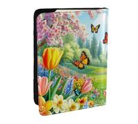 Butterflies and Birds in The Spring Meadow Printed Passport Holder,Travel Pu Leather Passport Cover Case Organiser for Men Women,6.5 Inch