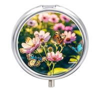 Butterflies and Blooms Pill Box Waterproof Portable Medicine Pill Case Moisture Proof Metal Travel Pill Box with 3 Compartment Medicine Case