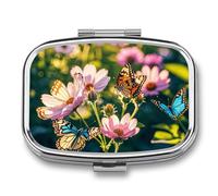 Butterflies and Blooms Pill Case with 2 Compartment, Pill Organizer Portable Square Pill Box,Vitamin Pill Organizer for Pocket Purse and Travel