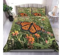 Butterflies and Flowers Duvet Cover Sets Single 3D Printed Microfiber Green Plants & Insects Bedding Set Ultra-Soft Quilt Cover 135 x 200 cm with Zipper Closure and 2 Pillowcases 50x75 cm b_847