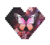 Butterflies and Flowers Print Building Brick Block Puzzle - Heart Shaped Picture Puzzles, Wooden Picture Jigsaw Puzzles