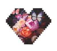 Butterflies and Fresh Bush Print Building Brick Block Puzzle - Heart Shaped Picture Puzzles, Wooden Picture Jigsaw Puzzles