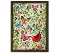 Butterflies And Leaves Folk Art Watercolour Painting Artwork Framed Wall Art Print A4 Artery8 Brown One Size