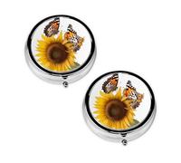 Butterflies and Sunflower Print Pill Box 3 Compartment Medicine Pill Case,Portable for Pocket Or Purse Pill Organizer Decorative Metal Medicine Vitamin Organizer Unique Gift