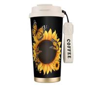 Butterflies And Sunflowers Print Coffee Cup Travel Mug 500ml, Double-Wall 316 Stainless Steel, Portable Insulated Tumbler With Leak-Proof Lid And Straw, Reusable Thermal Mug For Hot And Cold