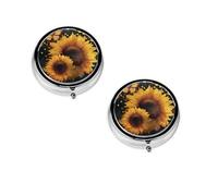 (Butterflies and Sunflowers) Round Pill Box with 3 Compartment Small Pill Organizer Portable Pill Case Vitamin Containers, Travel Essentials 4.6x4.6x1.8 cm