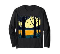 Butterflies and Tree Abstract Design in Dark Blue and Yellow Long Sleeve T-Shirt