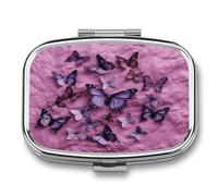 Butterflies are on Purple Background pilldispenser 2-Compartment Portable Travel Square PillCase Daily with Store Vitamins Pocket Medicine Organizer for Office Home Fish Oil