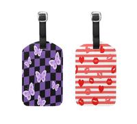 Butterflies Black Purple Checkered Pattern Red Striped Lips 2 Pcs Luggage Tags Cruise Essentials Luggage Tags Personalized for suitcases