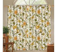 Butterflies Blackout Curtains, Botanical Natural Flowers Leaves Spring Yellow Wrinkle Free Pattern Printed Window Curtains for Living Room Kitchen Decor 52x54 Inch