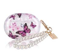 Butterflies Marble Shell Case Design for Beats Studio Buds with Pearl Wrist Chain Keychain for Women Girls,Colorful Sparkle Bling Cute TPU ShockProof Protective Skin Cover-Pink