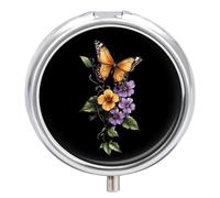 Butterflies Pansy Flowers Round Pill Box Organiser 3 Compartment Medicine Case
