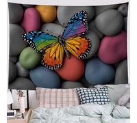 Butterflies Pebbles Tapestry Wall Hanging for Bedroom Living Room, Zen-Inspired Art Style Wall Tapestry Backdrop Tapestries Multicolored Wall Art for Party College Dorm Home Decor, 150x130cm