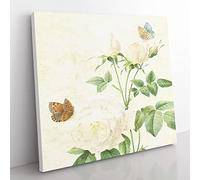 Butterflies & White Roses by Pierre Joseph Redoute Vintage Canvas Wall Art Print Ready to Hang, Framed Picture for Living Room Bedroom Home Office Décor, 35x35 cm (14x14 Inch)