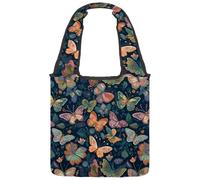 Butterflies with Leaf Pattern Reversible Canvas Shoulder Tote - Double-Sided Print, 12oz Cotton, 27cm Drop, Fold-Flat Bag for Travel, Shopping, Street Outings