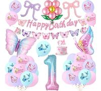Butterfly 1st Birthday Party Decorations for Girls,Complete Pastel Balloon Set with Number 1 Foil Balloon, Cake Topper, Banner, First Pink Purple Blue Birthday Party Supplies