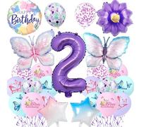 Butterfly 2nd Birthday Decorations for Girls - 23Pcs Purple Butterfly Balloons Number 2 Gradient Star Foil Balloon, Birthday Party Supplies for 2 Year Old Girl Party Decoration