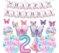 Butterfly 2nd Birthday Decorations Party - 34 Pcs Purple Happy Birthday Banner Hanging Swirls Number 2 Balloons Decor Girls Party Supplies for 2 Year Old Girl Home Party Celebrations