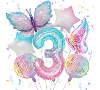 Butterfly 3rd Birthday Decoration for Girls 40Inch Giant Number 3 Balloon, Pink Blue Colorful Star Foil Balloon for Boys Girls Birthday Party Decoration (Butterfly, 3)
