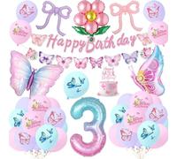Butterfly 3rd Birthday Party Decorations for Girls,Complete Pastel Balloon Set with Number 3 Foil Balloon, Cake Topper, Banner, 3 Years Pink Purple Blue Birthday Party Supplies