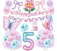 Butterfly 5th Birthday Party Decorations for Girls,Complete Pastel Balloon Set with Number 5 Foil Balloon, Cake Topper, Banner, 5 Years Pink Purple Blue Birthday Party Supplies