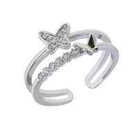 Butterfly 925 Sterling Silver Ring for Women Crystal Promise Statement Stacking Expandable Open Rings Adjustable Hand Made Jewelry Dainty Birthday Anniversary Christmas Valentines Gifts