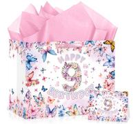 Butterfly 9th Birthday Gift Bag for Girls Pink Butterfly Floral 9th Birthday Gift Wrapping Bag with Handle Tissue Paper Card Purple Flower Favor Bag Nine Year Old Bday Party Decorations Supplies