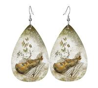 Butterfly And Cello Leather Dangle Earrings Teardrop Shape, Drip Pendant