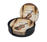 Butterfly And Cello Print 6-Pack Round Leather Coasterspremium Pu Leather Drink Coasters With Storage Box, Easy To Clean, Heat Stain Resistant For Home, Office, And Kitchen Use