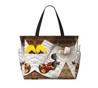 Butterfly and Cello Print Large Waterproof Beach Tote Bag for Women with Zip and Pockets Foldable Handbag for Travel Pool Shopping Holiday Gym