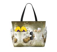 Butterfly and Cello Print Large Waterproof Beach Tote Bag for Women with Zip and Pockets Foldable Handbag for Travel Pool Shopping Holiday Gym