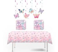 Butterfly and Floral Disposable Table Cover Set with Coordinating Napkins for Themed Parties - Pink Rectangular Tablecloth, Party Decorations, and Paper Tablecloths for Birthday, Garden,