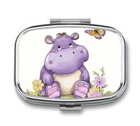 Butterfly and Hippo Pill Box - 2 Compartment Travel Pill Organizer with Small Mirror, Portable Pillcase for Pocket & Purse, Cute Square Medicine Case, Weekly Medicine Container