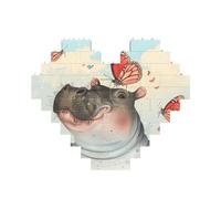 Butterfly and Hippo Printed Jigsaw Puzzle 10.8x12.8 CM, Heart-Shaped Puzzle Challenging Game for Adults, Fun Decorative Wall Decor