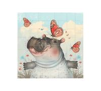 Butterfly and Hippo Printed Square Jigsaw Puzzle 12.8x12.8 CM, Puzzle Challenging Game for Adults Gifts, Family Fun Decorative Wall Decor